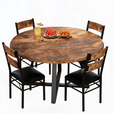 43.31 Inch Round Dining Table Set for 4, 5 Piece Wooden Kitchen Dining Set | With 4 Upholstered Chairs, Heavy Duty Metal Frame Space Saving Circular Dinner Furniture for Apartment, Small Kitchen