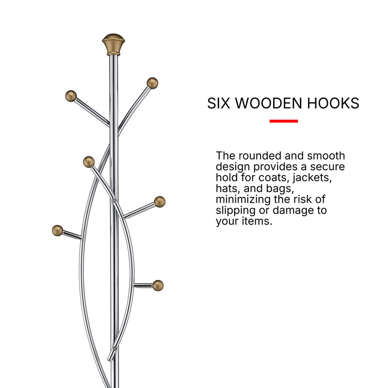 Elegant Chrome and Walnut 6-Hook Coat Rack