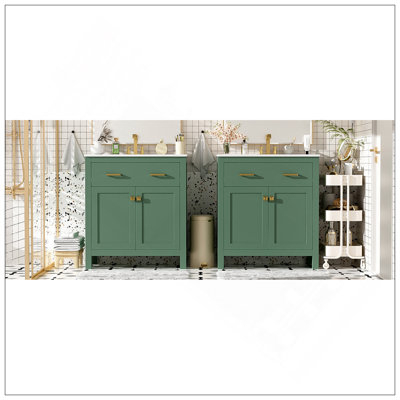 Ensemble de meuble-lavabo moderne sophistiqué de 60 po avec lavabos doubles (séparés), lavabos doubles en céramique, tablette réglable, portes à fermeture en douceur et tiroir rabattable - Solution de salle de bain moderne pour salles de bain spacie