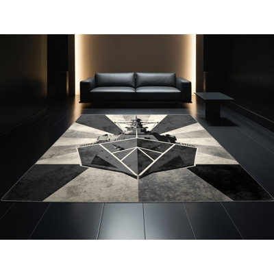 Machine Washable Eldred Naval Destroyer Ship Industrial Geometric Rug in Gray – Gray Binding