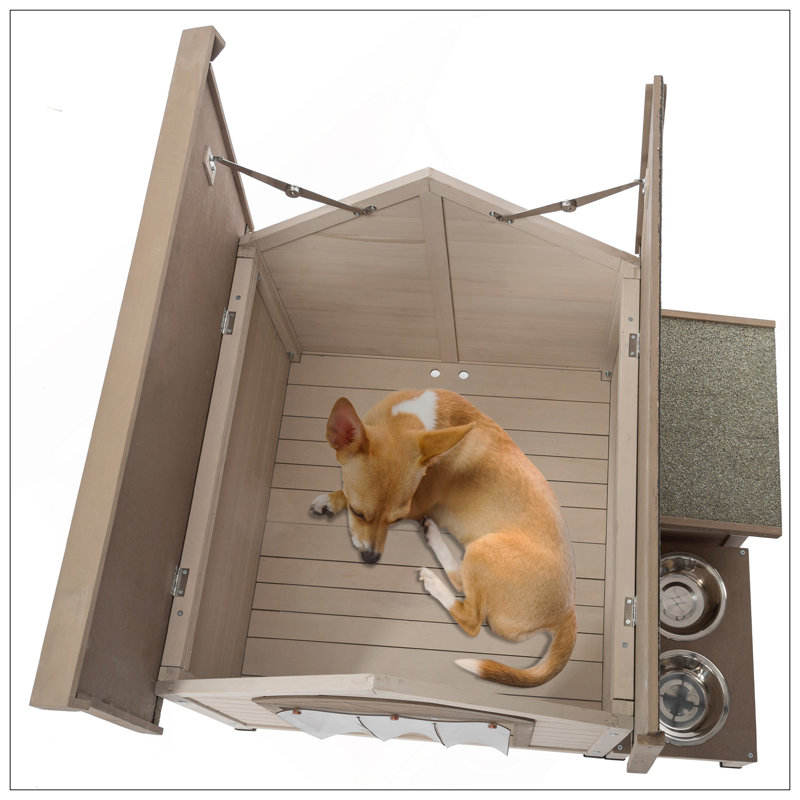 Niche pour chien en bois de sapin résistante aux intempéries avec toit ouvert, rangement et station d'alimentation surélevée pour petits et moyens chiens