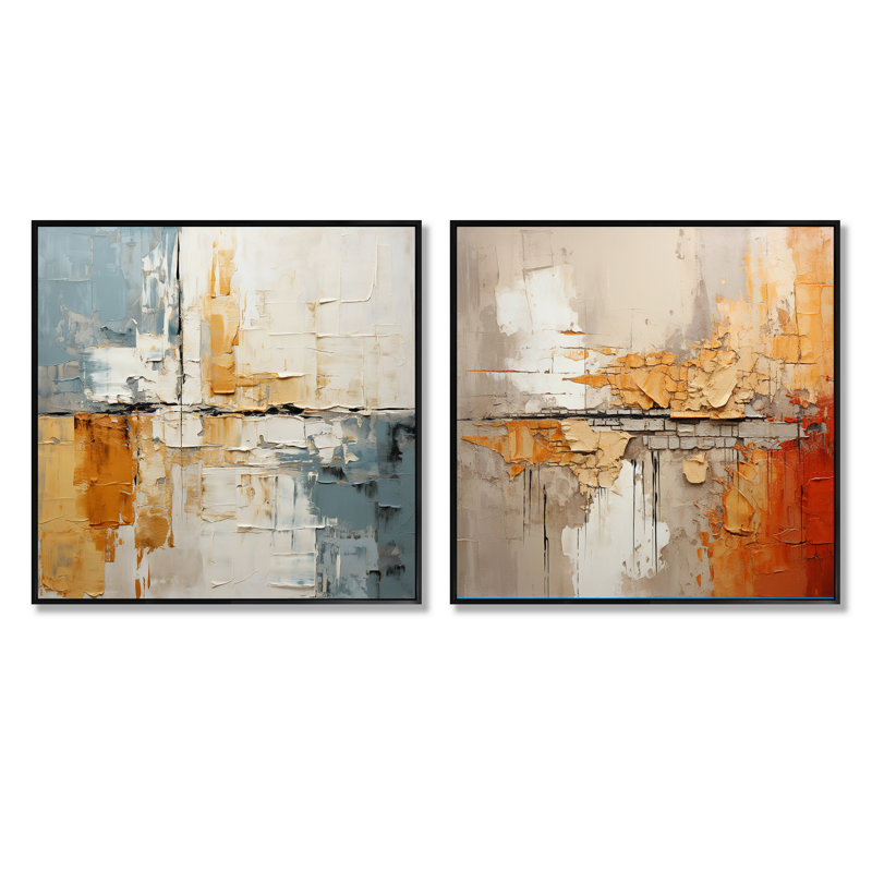Transcendent Textures - Ensemble de 2 collages abstraits carrés, Cadre flottant noir, H 16 po x l 33 po