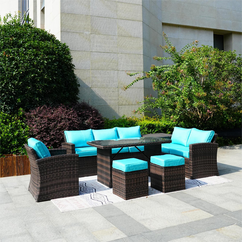Ensemble de conversation d'extérieur en osier pour 6 personnes avec coussins Baecher, Structure brune / coussin turquoise