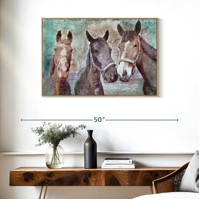 Trois chevaux voisins, Cadre flottant en bois naturel, 37 po x 25 po