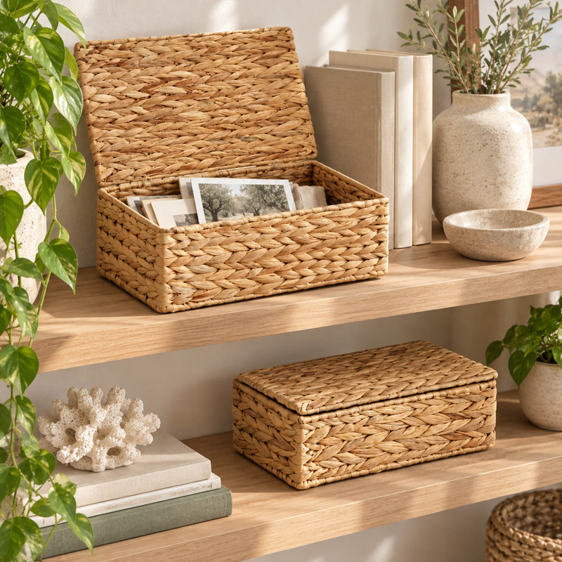 2-Piece Wicker Storage Boxes with Lids for Shelves and Home Organization
