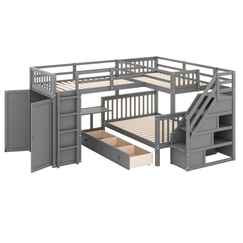 Janai Kids Twin Over Twin Over Full Bunk Bed with Drawers, Gray