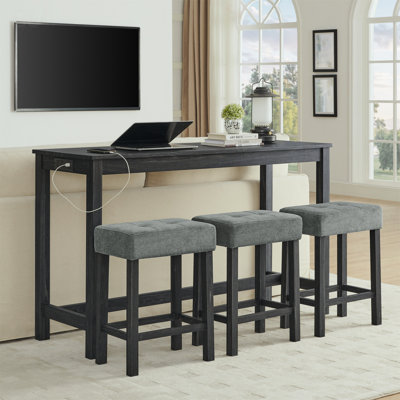 59 Inch Bar Table, Dining Table, Sofa Table With Power Outlet, 3 Upholstered Stools, 4 Piece Bar Table And Chair Set