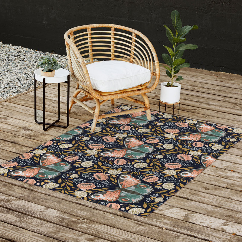 Tapis d'extérieur rectangulaire tissé à plat en polyester / chenille bleu marine à motif ikat Azaila, Rectangle 4 pi x 6 pi