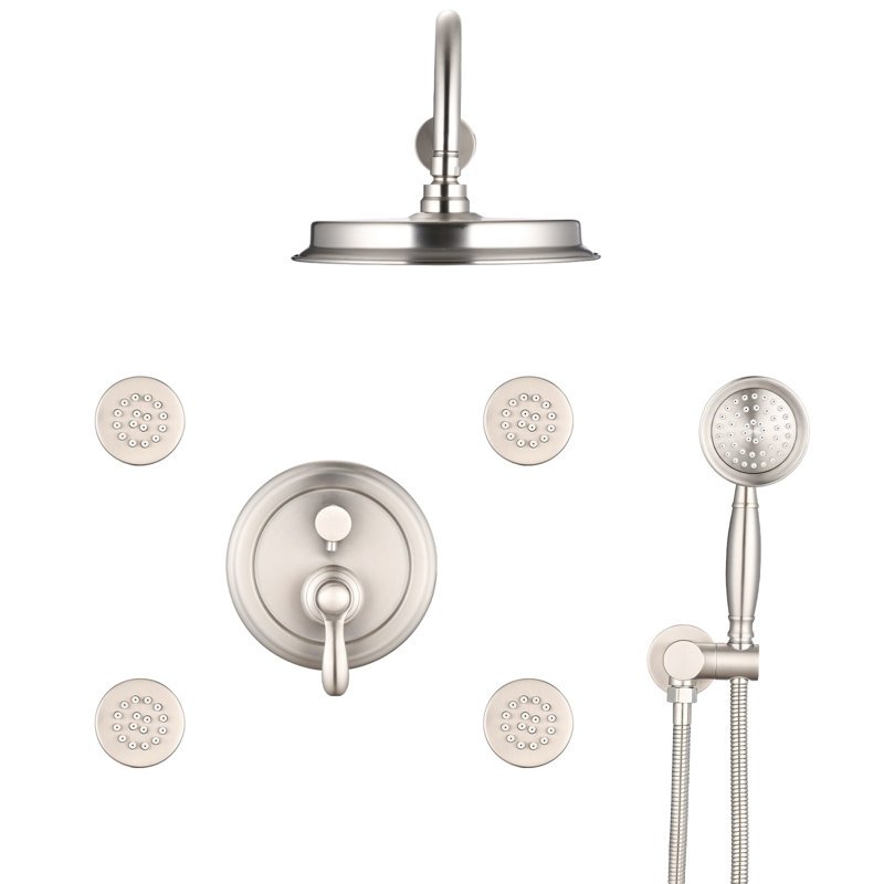 Robinet de douche simple en nickel brossé au design luxueux, avec douchette en caoutchouc souple, orifices de pulvérisation et jets corporels.