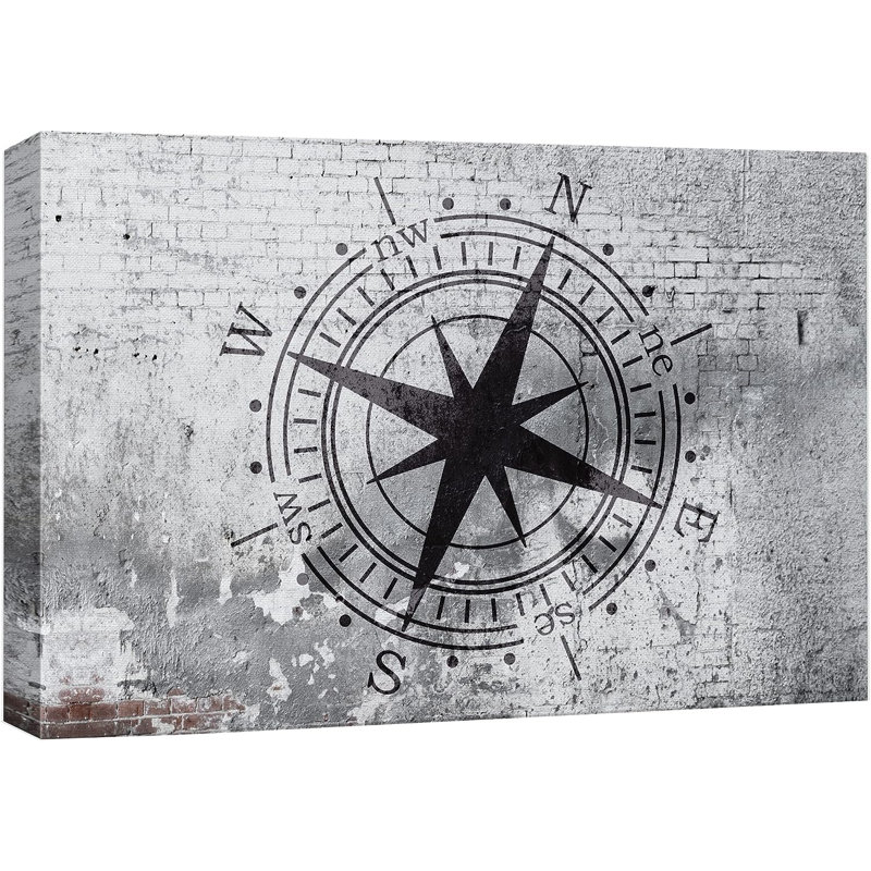 «Compass On Gritty Grey City Brick Wall Abstract Shapes», impression sur toile, Toile tendue, H 12 po x l 18 po x P 1,5 po