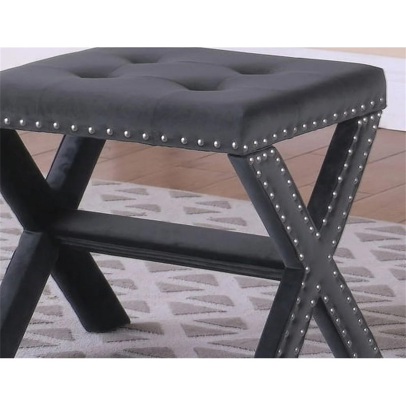 Velvet Upholstered Accent Bench With Nailhead Trim, Gray