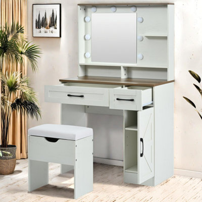 Meuble-lavabo Farmhouse avec miroir, lumières réglables et tabouret