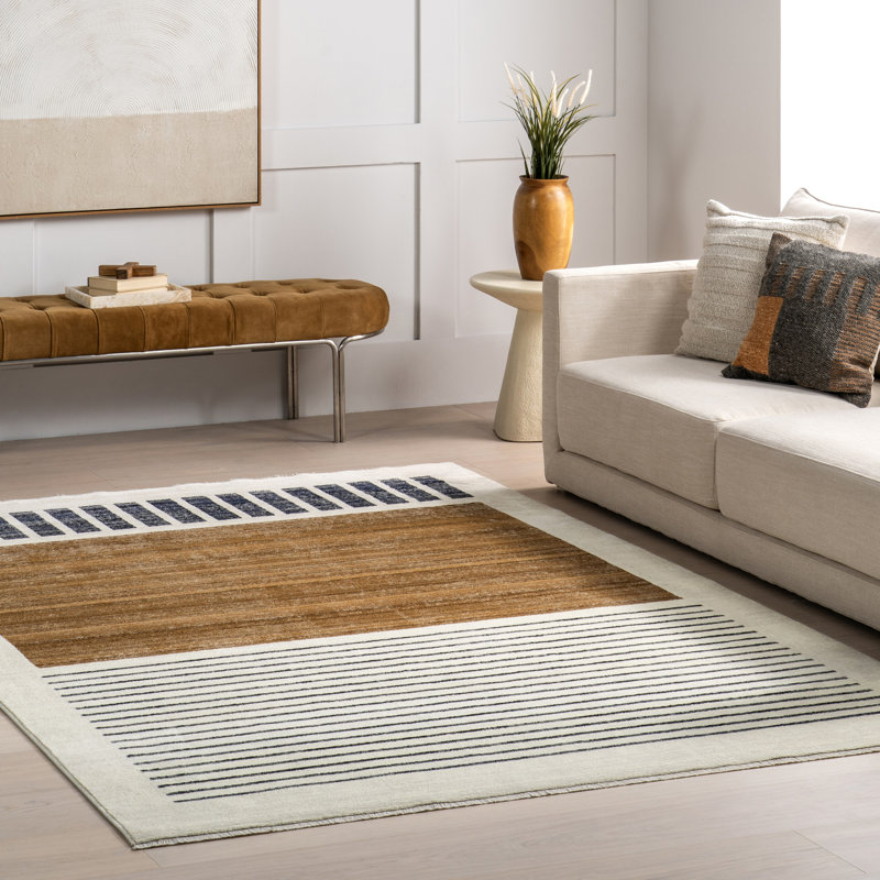 Keeva Modern Striped Fringe Area Rug, Square 8', Beige/Brown