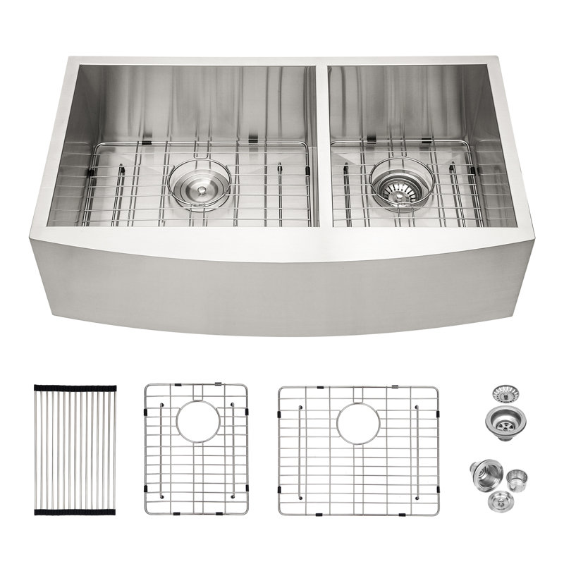 36'' L x 20'' W 60/40 Double Bowl Stainless Steel Farmhouse Kitchen Sink with Bottom Grid, Basket Strainer and Roll-up Rack