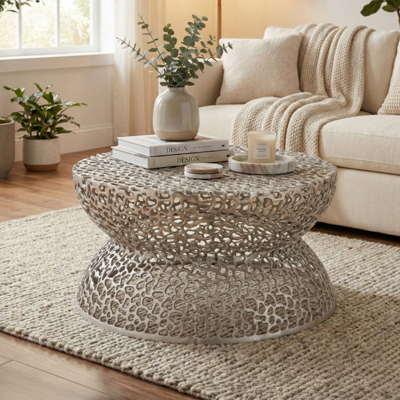 Nova Artisan Mesh Carved Designer Coffee Table, Silver