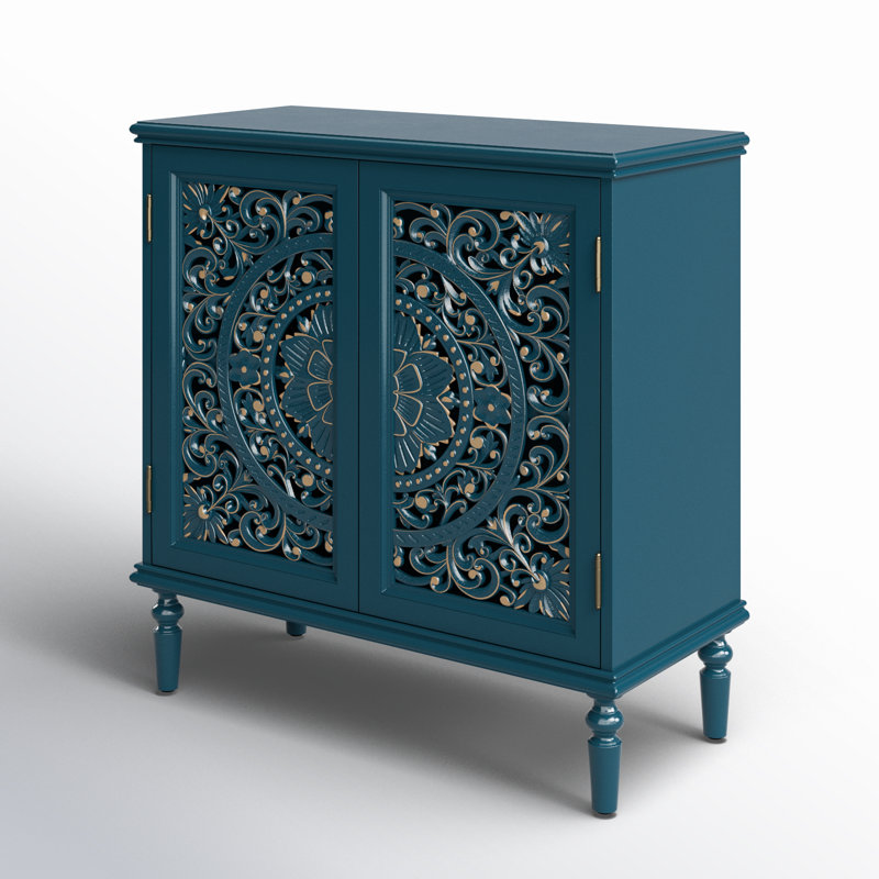 Hayter 32" Tall 2-Door Openwork Carving Accent Cabinet with Solid Wood Legs, Blue