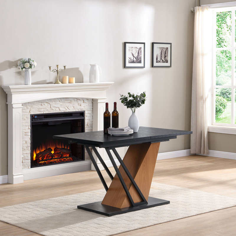 Extendable Dining Table, Geometric Rectangular Table With Sturdy Metal Frame And MDF Base, Adjustable Wooden Tabletop, Black