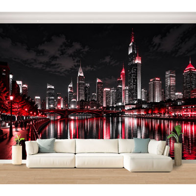 Wall Mural Peel and Stick Wallpaper Modern Cityscape Red Black Illuminated Skyline Reflecting Water Self-Adhesive Removable Contact Paper Wall Decor for Living Room Bedroom 100"H x 144"W