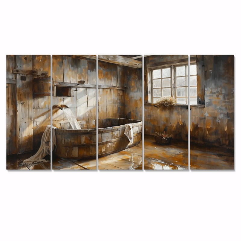 Brown Rustic Bathroom Charm III - Rustic Canvas Art Set, 28" H x 60" W