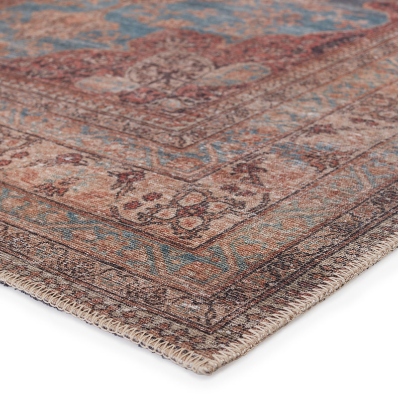 Washable Blue and Red Medallion Wool Rug