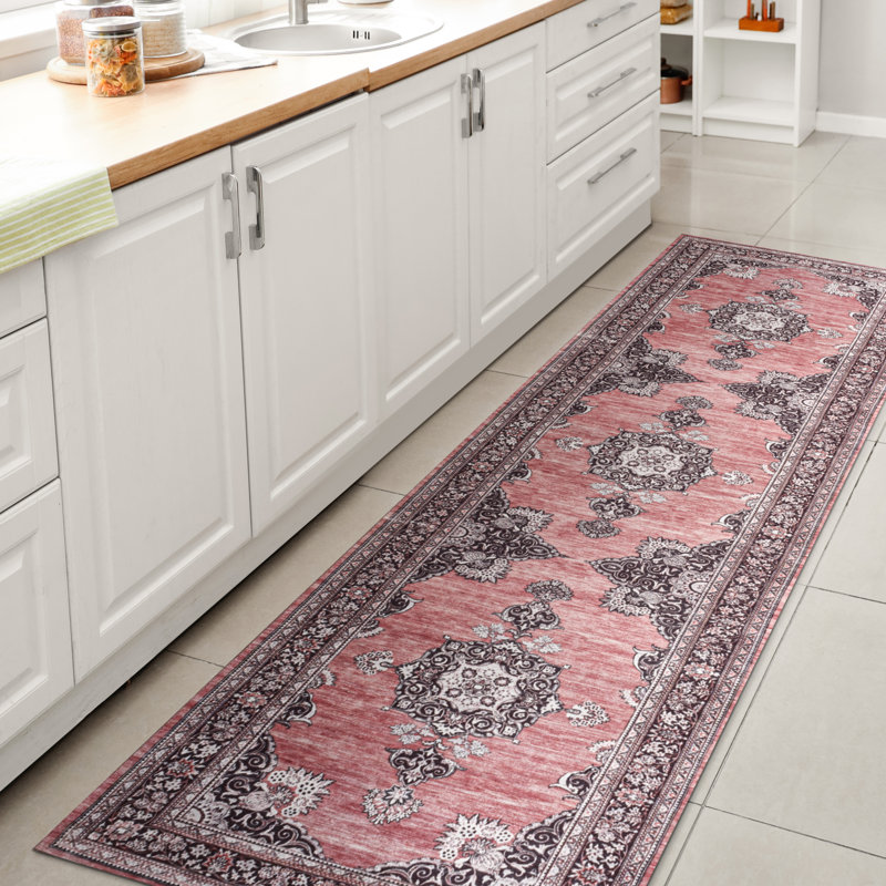 Heimir Bohemian Distressed Chenille Machine-Washable Dark Pink/Black/White Rug, Runner 2' x 8'