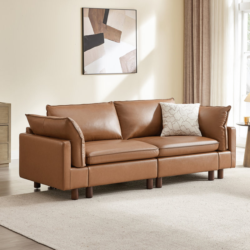 Canapé modulaire en cuir véritable 2 pièces l 92 po avec base en bois massif Solena