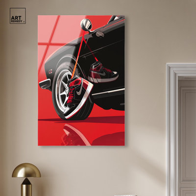 Red Bold Sneaker and Car Acrylic Sports Wall Art by Art Remedy, Ready to Hang