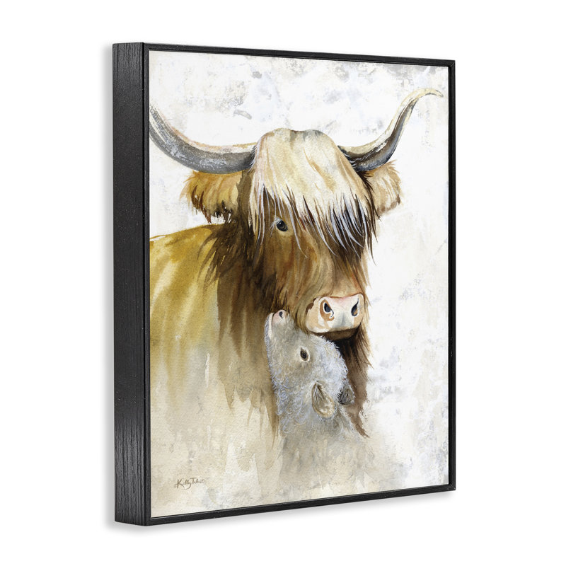 Giclée neutre de longhorn et de veau par Kelley Talent, Giclée encadrée noir minuit, H 14 po x l 11 po