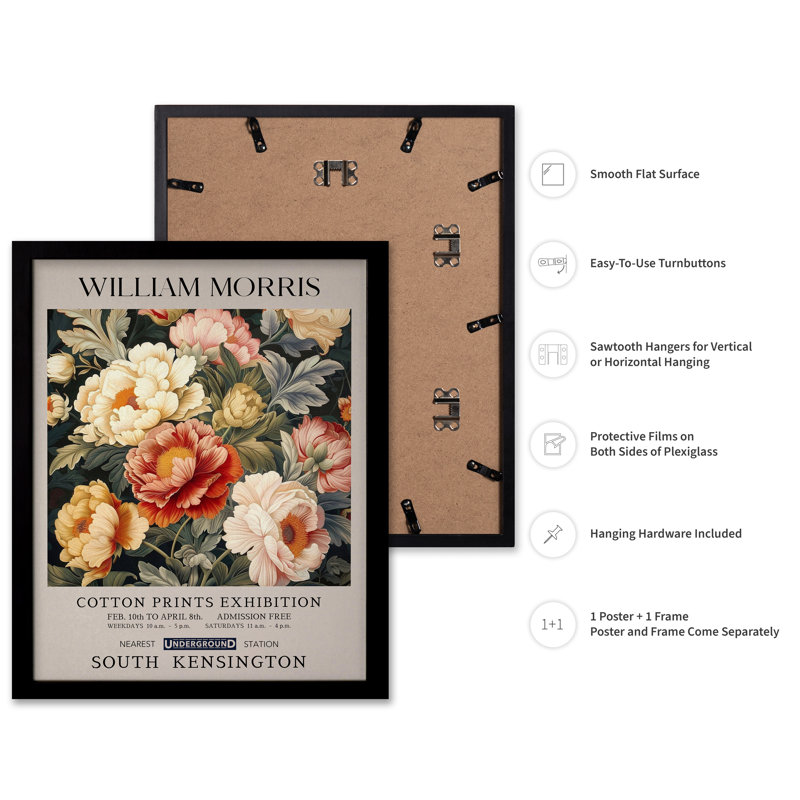 William Morris - pivoine no 2, Black Framed, Poster, 18"H x 24"W