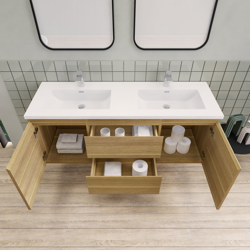 Meuble-lavabo double 60 po Alcester Ivy Bronx, Chêne blanc