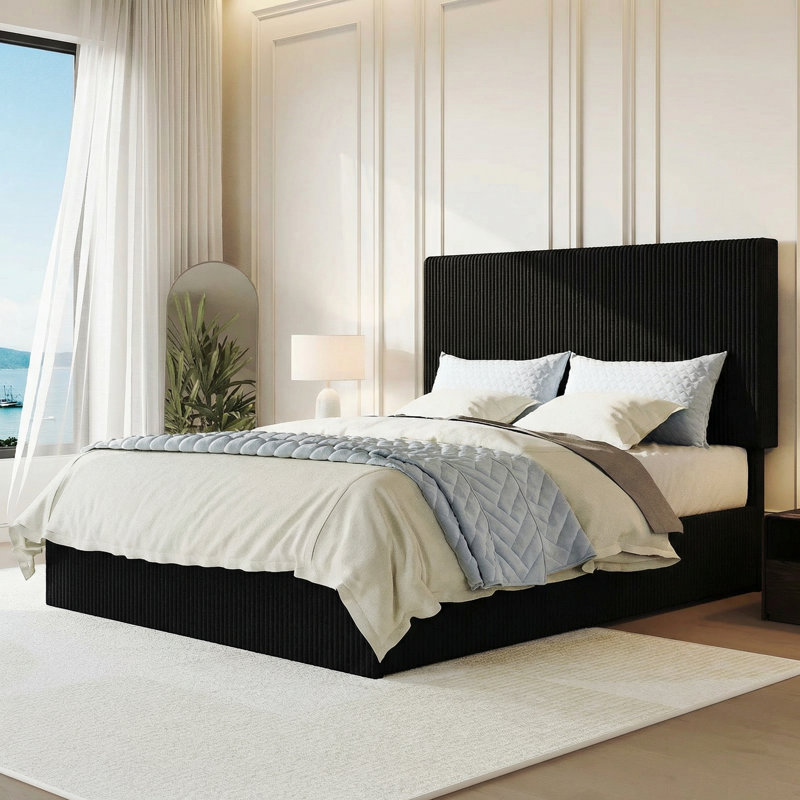 Modern Corduroy Fully Upholstered Platform Bed With Headboard, No-Dust Design, No Box Spring Needed, Black, Queen