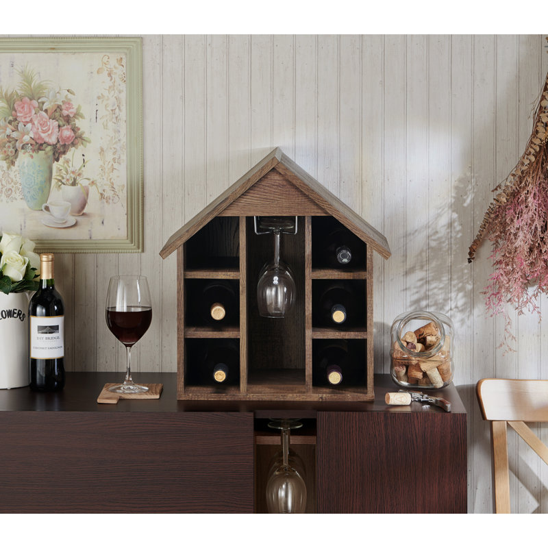 Olympia 6 Bottle Solid Wood Tabletop Wine Bottle & Glass Rack in Reclaimed Oak