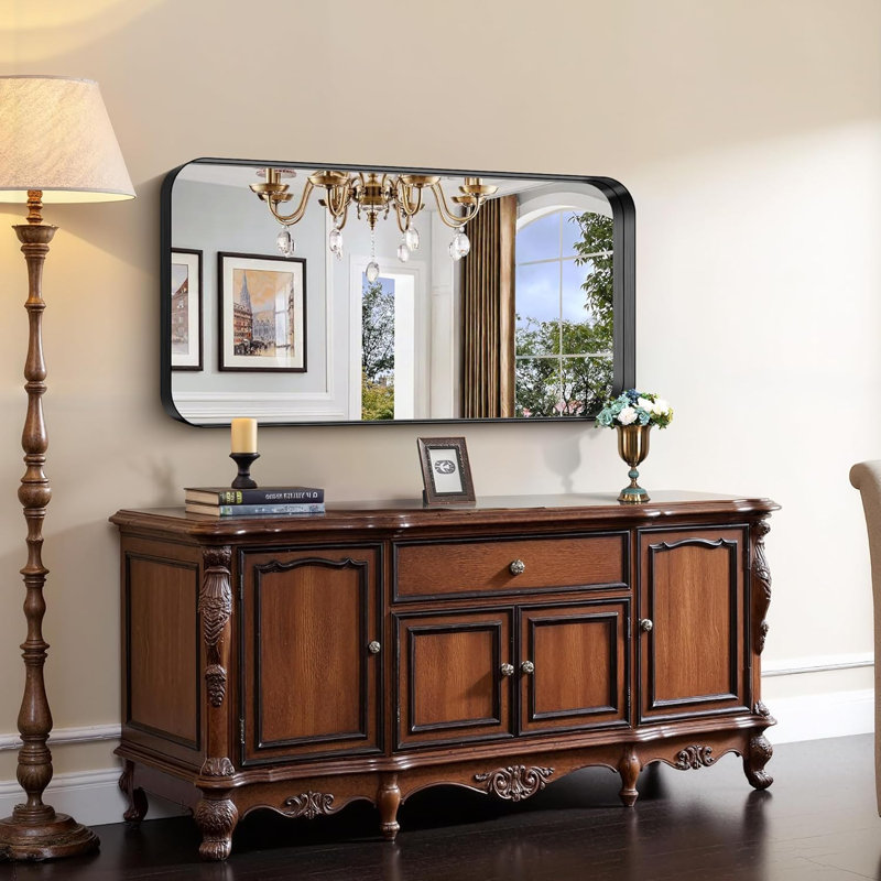 Miroir de salle de bain noir, miroir rectangulaire de 30 po x 60 po avec cadre en métal profond, coin arrondi, verre trempé, grand miroir pour mur, sur 2 lavabos, installé verticalement / horizontalement, transparent