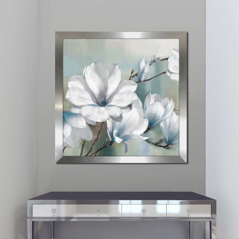 «Spring Magnolias» par Rogier Daniels - Peinture, Encadrement argenté, H 37,5 po x l 37,5 po x P 1 po