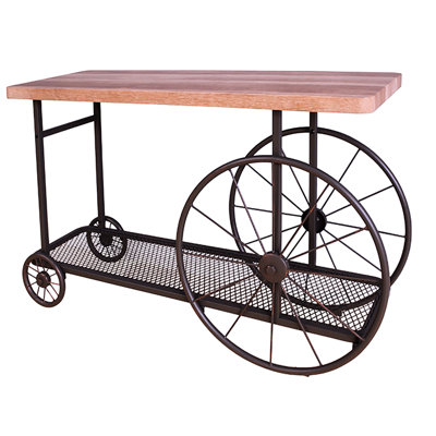 Table rectangulaire en chêne et gris antique avec roulettes à base en métal, pour présentation dans l'espace de vie principal, 30,5 pouces de hauteur supportée par du métal, espace de rangement facile pour tablette inférieure, largeur 48,5
