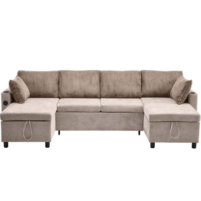 113.4" Sectional Sofa Pull-Out Sofa Bed Versatile Sofa Sleeper With Large Storage Space, Two USB Ports And Two Cup Holders For Living Room