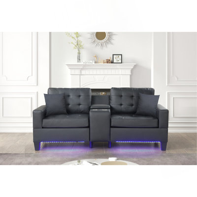 Canapé en cuir PU noir de 85 po avec lumières DEL, chargeur USB, console de rangement, porte-gobelets et coussins touffetés Gemma