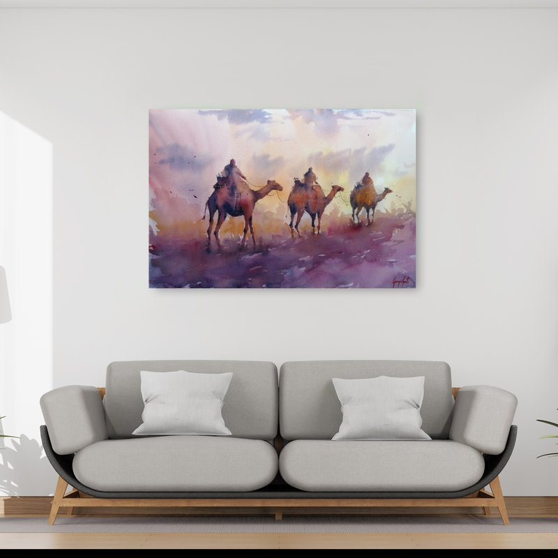Camel caravane, coucher de soleil paisible, paysage abstrait abstrait, art mural, 40" H x 60" W