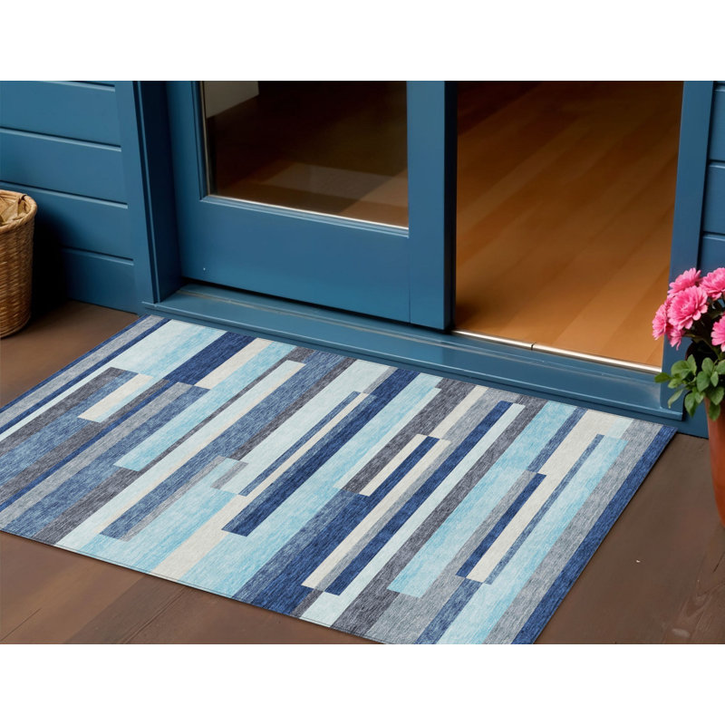 3' X 5' Blue Gray And Ivory Striped Washable Indoor Outdoor Area Rug