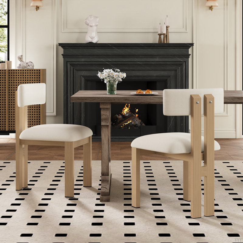 Chaises de salle à manger rembourrées sans accoudoirs avec pieds en métal (ensemble de 2), Naturel, Blanc