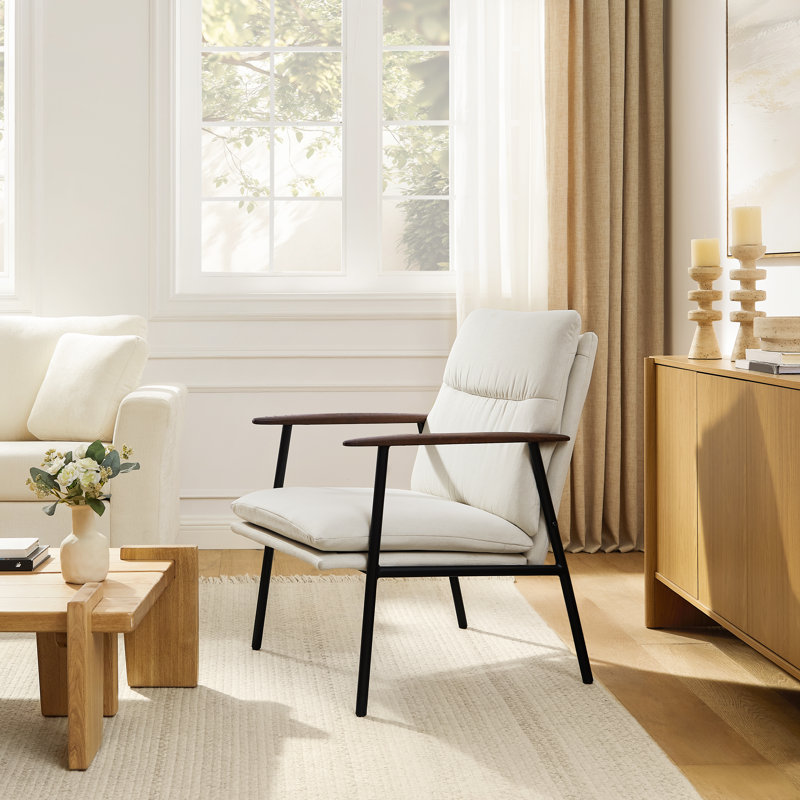 24.4'' Wide Linen Fabric Upholstered Accent Armchair With Solid Wood Arms & Metal Frame, Beige