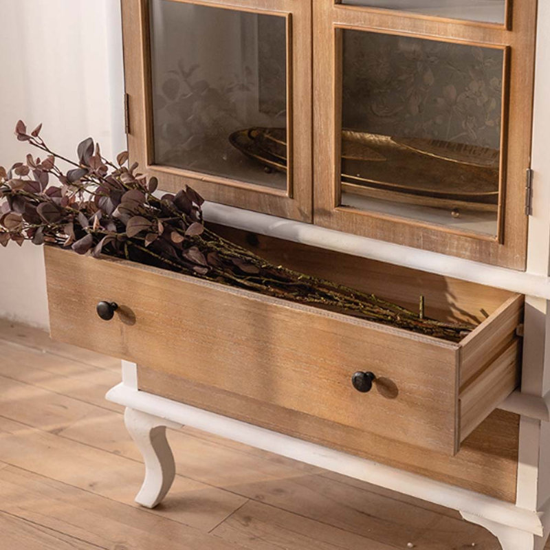 Display Cabinet With Glass Doors And Concealed Storage Compartments, White/Natural Wood