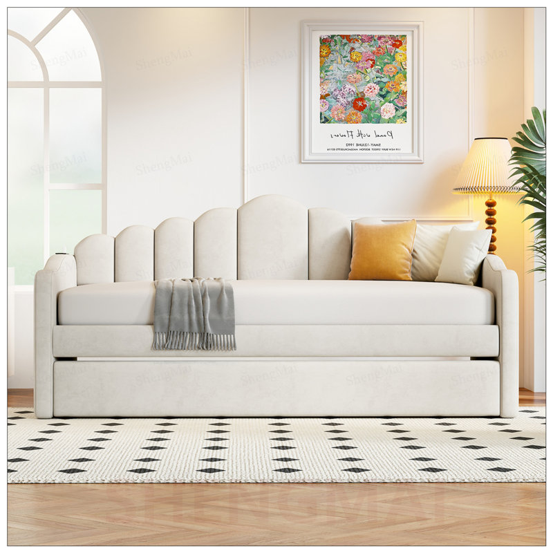 Lit de jour simple en velours rembourré avec couchette et chargement USB, aucun sommier nécessaire, Beige