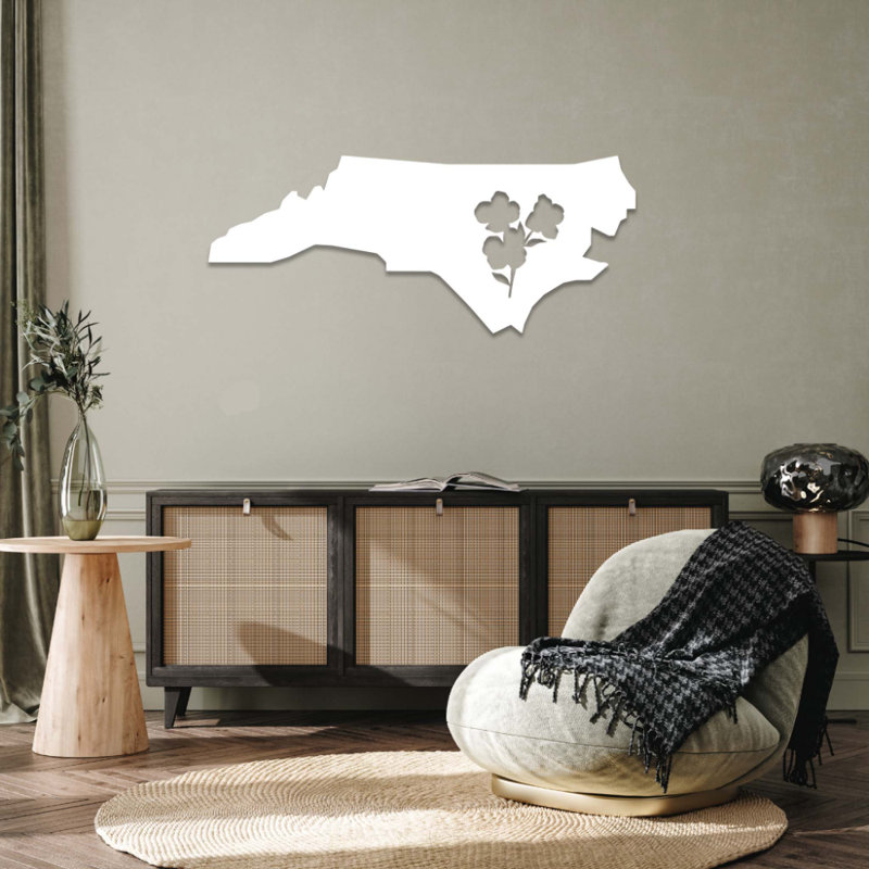 Art mural en métal fleurissant cornouiller en Caroline du Nord - State State Decor, H 10 po x l 24 po x P 0,12 po, Blanc
