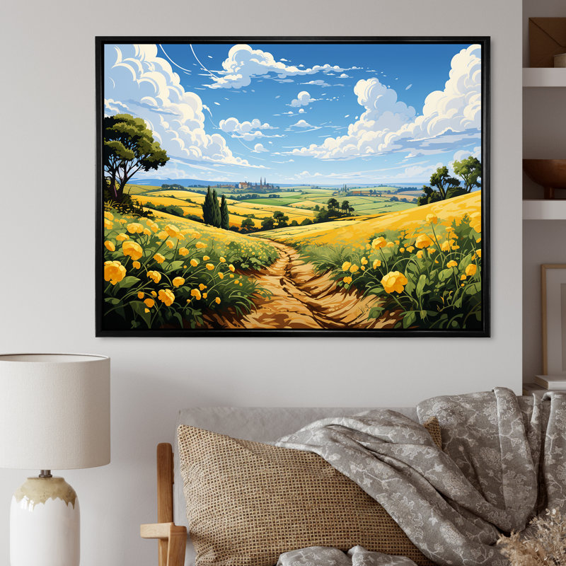 Fleurs jaunes, paysage de prairie III - prairie, art mural, Cadre flottant noir, H 12 po x l 20 po x P 1 po