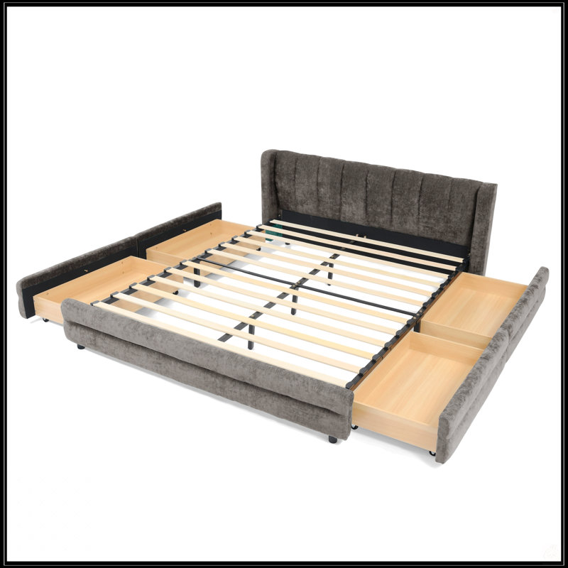 Structure de lit en chenille pour grand lit avec tête de lit, tiroir de rangement et fabrication solide pour plus de confort et de style