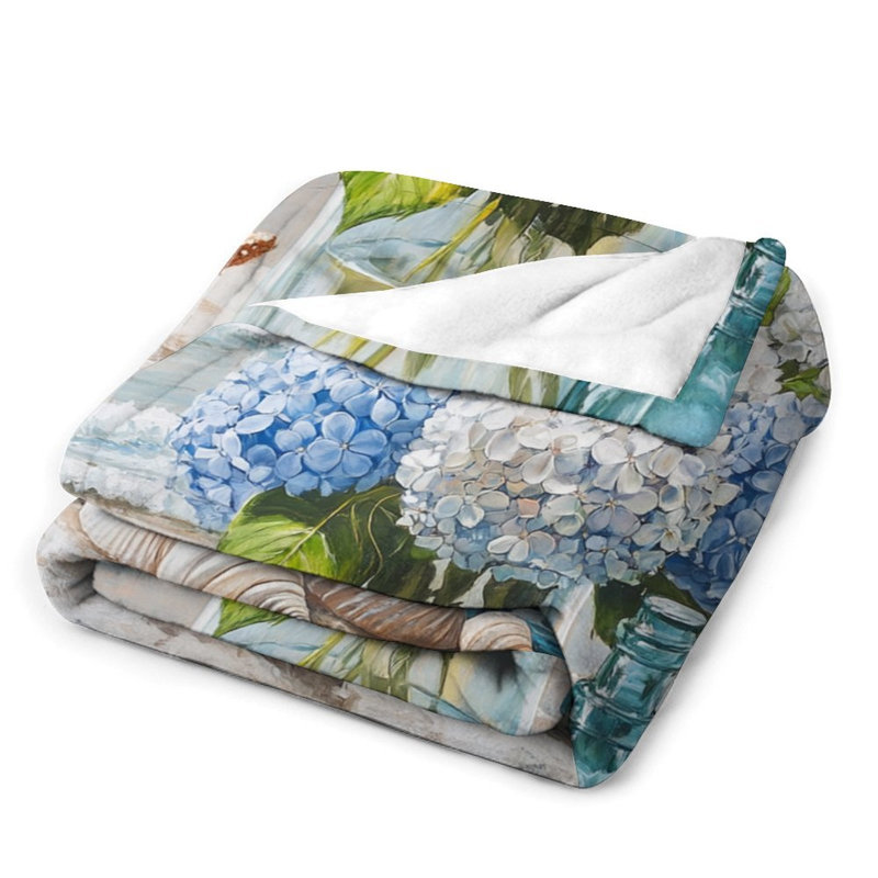 Jeté en flanelle d'hortensias, étoile de mer et coquillages de luxe, couverture douce et douce pour le salon, 60 x 80 po