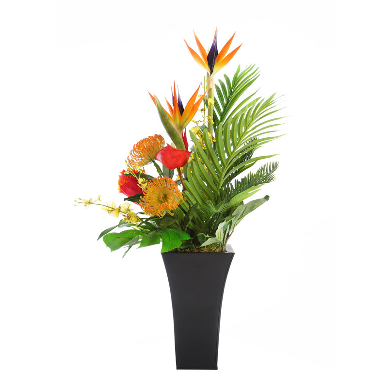 Assorted Tropical Flowers In Black Metal Square Flared Planter