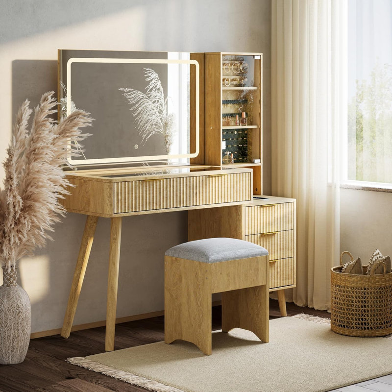 Vanity Desk with Lighted Mirror, Glass Top Dressing Table, Cushioned Storage Stool, Built-in Charging Station, Bedroom, Natural Wood
