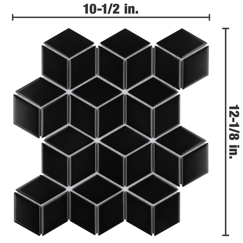 Metro Rhombus 10-1/2 " x 12-1/8 " Porcelain Mosaic Floor & Wall Tile, Matte Black